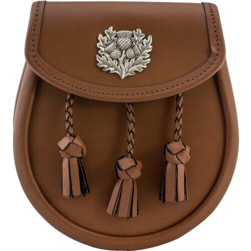 Semi Dress Tan Brown Leather Sporran With Scottish Thistle Targe Mount Badge - Picture 1 of 1