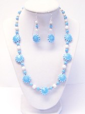 Blue Ceramic Sunflower Bead Necklace  Earrings Set