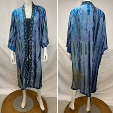 Nwt Love Kyla Long Tie Front Kimono Poly Silk Blue Embroidery Robe Anthropologie