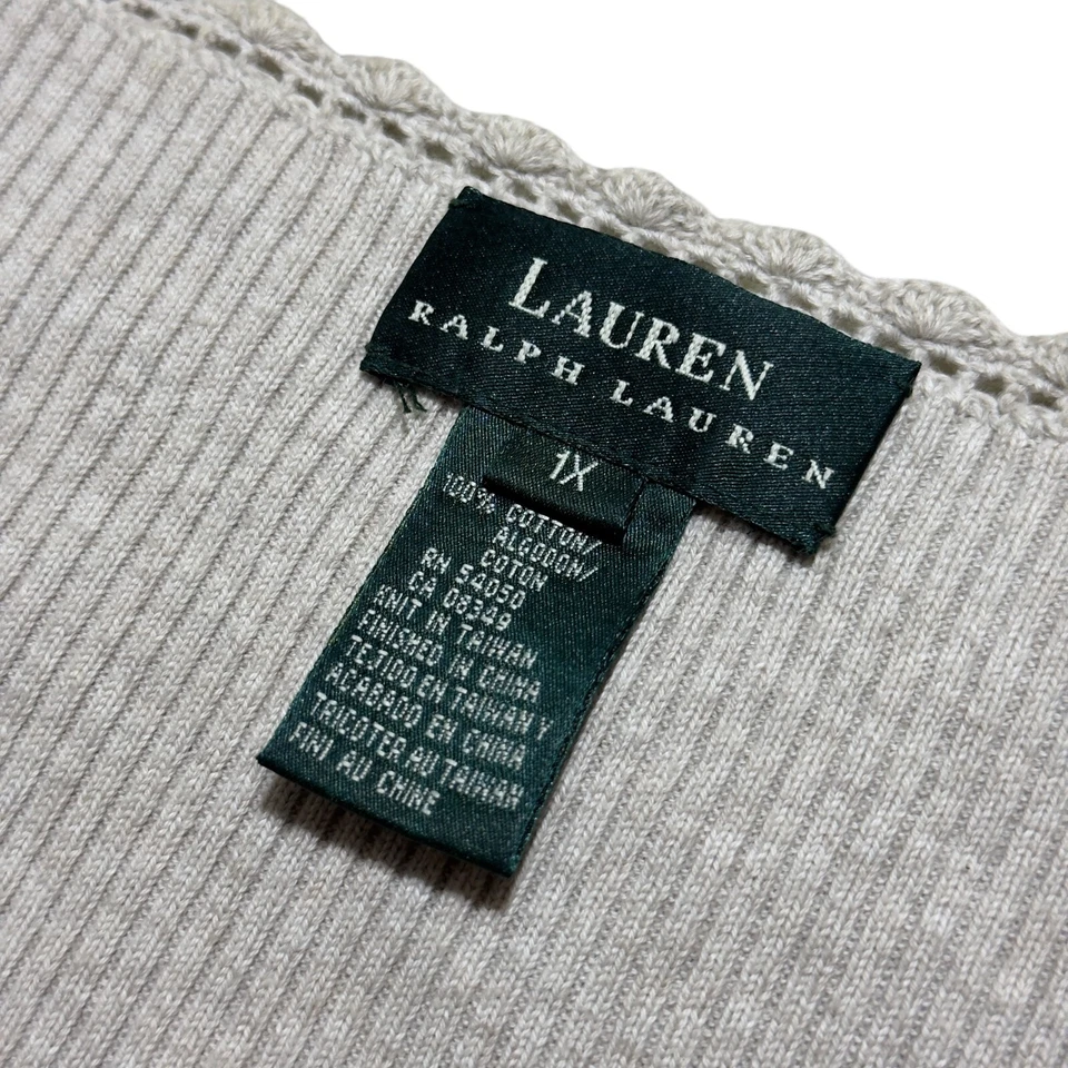 Suéter Lauren Ralph Lauren Para Mujer 1X Beige Acanalado Tejido Encaje-A Presión Henley Foto 4 de 4