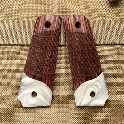 Custom 1911 Full Size Grips Rosewood Wood & White Pearl Checkered Ambi Cut+Screw