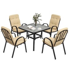 Image of Outsunny Garden Dining Set, Glass Table w/ Umbrella Hole Beige