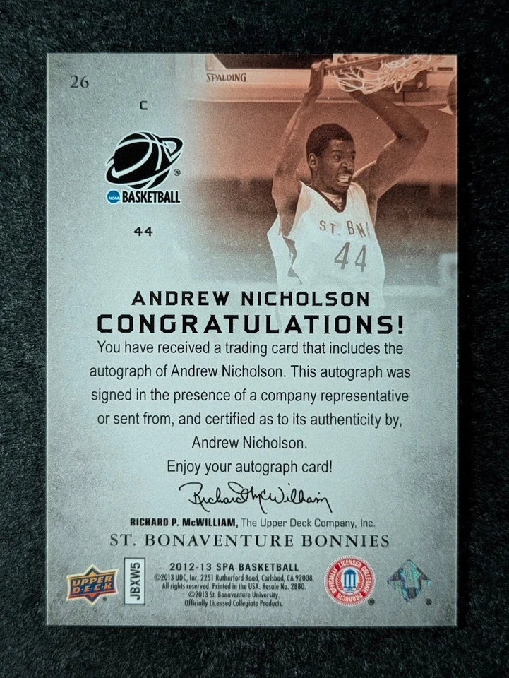 2012-13 Upper Deck SP Authentic ANDREW NICHOLSON Rookie RC Auto SP #26 - Image 2 of 3