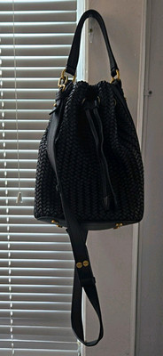 Michael Kors Black Woven Drawstring Bucket Bag Shoulder Strap Detachable Pouch