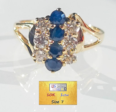 Nachlass Ring, 10 Karat Gold, Cocktailring Größe 7, 1 Karat, Diamant Saphir 