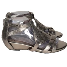 Sofft Sandals Womens Sz 8W Silver Leather Strappy Low Wedge Zip Gladiator Shoes