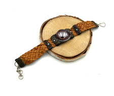 BOHO Rust Orange Woven Leather Bracelet with Pearlescent Rust Brown Cabochon