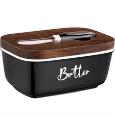 ALELION Black Butter Dish with Lid and Knife for Countertop - Airtight Cerami...