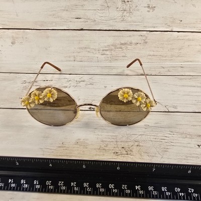 VTG Round Daisy Floral Sunglasses Gold Tone Retro Hippie Boho Festival Eyewear