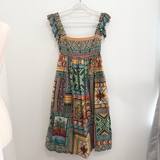 Farm Rio Banana Scarves Midi Dress XS Patchwork Cotton Pockets Boho