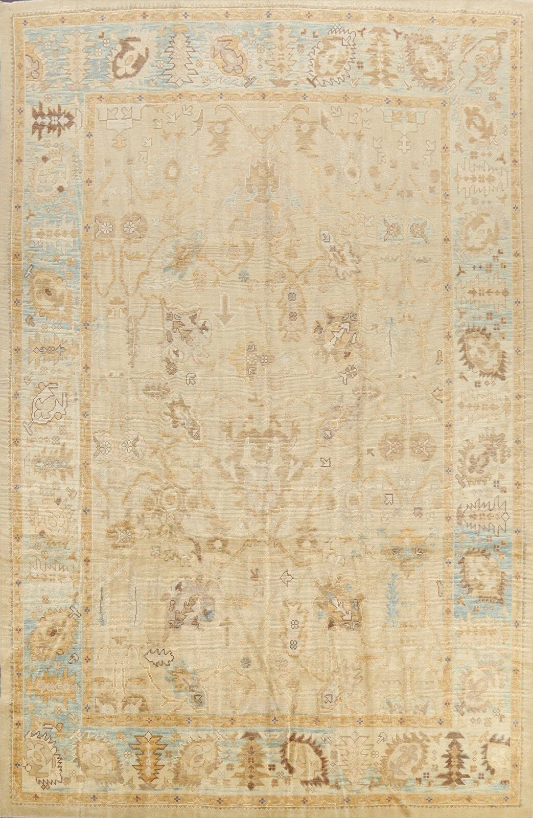Hand Knotted Oushak Area Rug Beige Cream Neutral Light Blue Wool