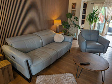 Leather 2 Seater Recliner Sofa Blue Adjustable Headrest 205x110x80cm And Chair