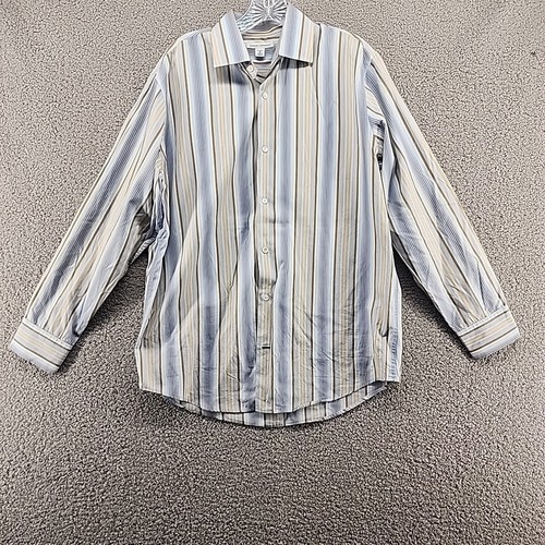 Banana Republic Mens M 15-15 1/2 Blue Beige Button Shirt Spread Balanced Stripe