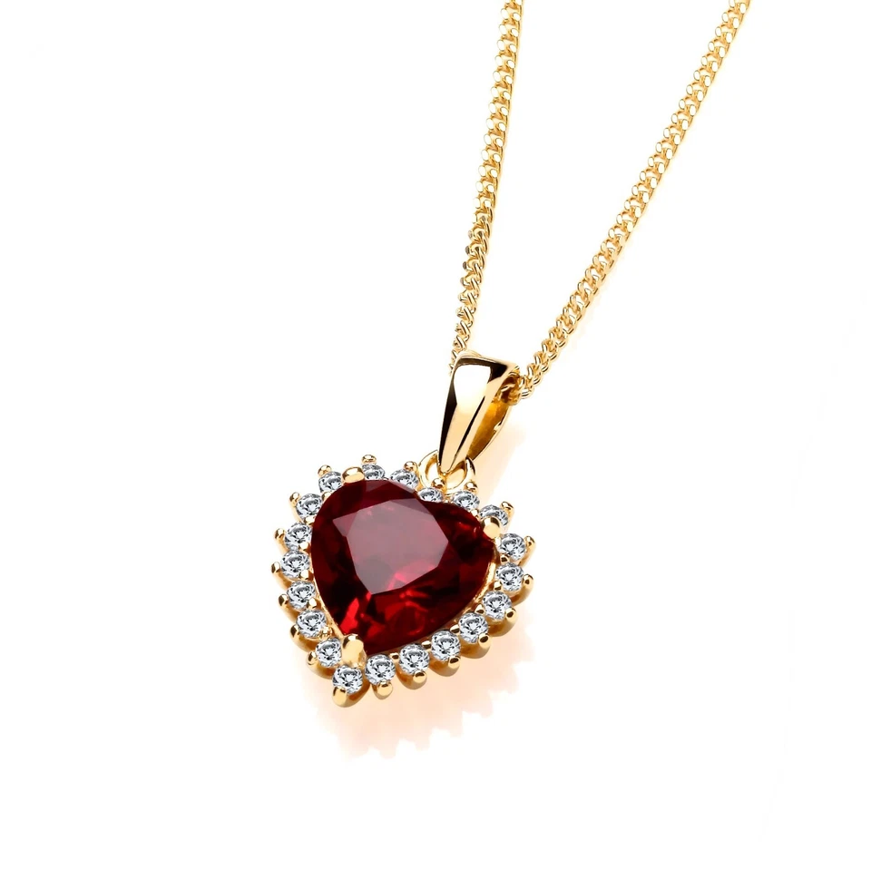 9ct Yellow Gold on Silver RUBY & Cz Heart Halo Pendant Necklace 16 18 20" - Image 3 of 4