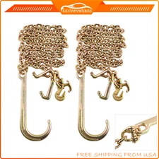 2PCS G70 5/16''x10' Tow Chain Long Shank J Hook w/ R T J & Grab Towing Hook