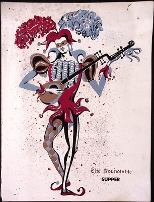 c1960s The Roundtable Supper Menu Jester Playing Mandolin Illustration