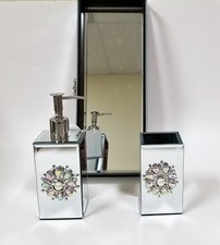 3 PC ATELIER GLASS MIRROR,PEARL FLOWER BROOCH RHINESTONE SOAP DISPENSER+TRAY+1