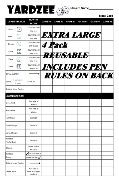 huge reusable yardzee yahtzee farkle score sheets cards 4pack rules on