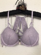 VICTORIAS SCRET 32D VERY SEXY PUSH-UP BRA STRAPPY CUT OUT RACERBACK LACE LILAC