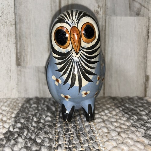 Tonala Mexican Folk Art Pottery Owl Hand Painted Blue Bird Footed 4.25" Tall