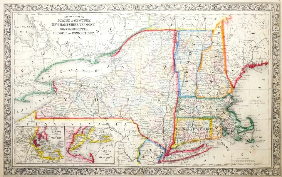 MID-19TH C ANTIQUE 1860 HAND COLORED NEW ENGLAND MAP BY S. AUGUSTUS MITCHELL JR. - Image 2 of 4