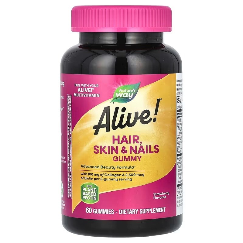 Alive Gommes Cheveux Peau Ongles Nature's Way Saveur Fraise 60 Gommes Multivitaminées pour Beauté
