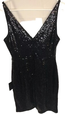 NWT Lulus Dress Champagne Showers Black Sequins Bodycon Short double V neck  Sz M