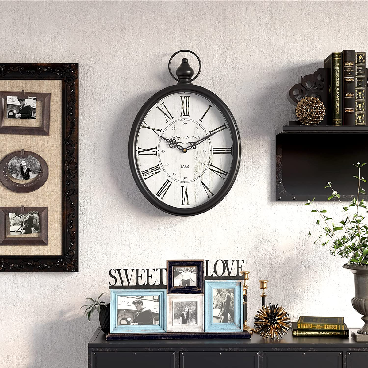 Oval Retro Wall Clock,Rustic Vintage Style,Old-Fashioned Antique