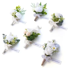 White Rose Daisy Boutonniere for Men, Set of 6,Corsage Groomsmen Guest Bouton...