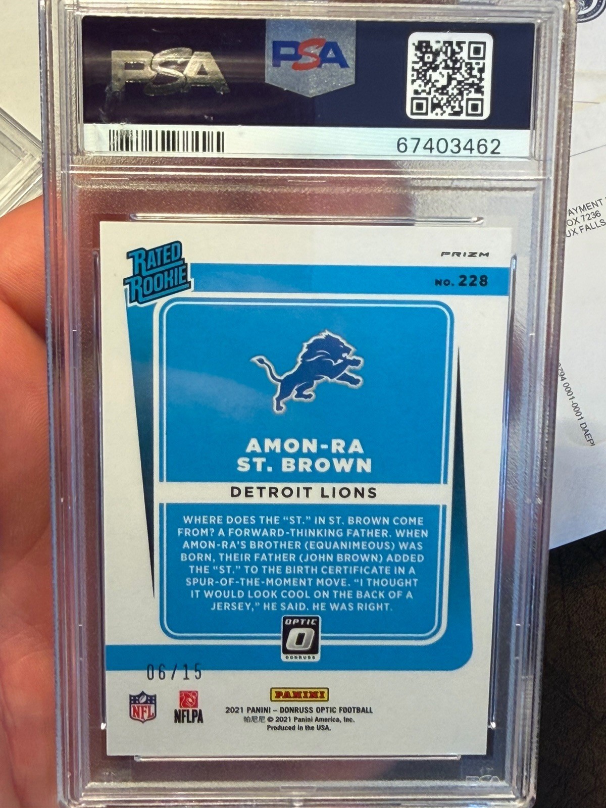 Amon-Ra St. Brown 08/15 ICE 2021 Donruss Optic Rated Rookie RC #228 PSA 10 Lions view 2