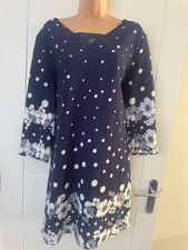 Emery Rose Navy Polka Dot Floral Dress UK 14 V Neck Shift Knee Length