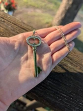 Vintage Rhinestone Key Necklace Gold Toned Key Cute Charm Necklace Crystal