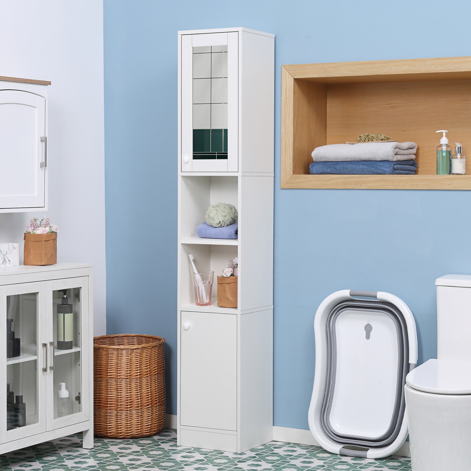 Tall Bathroom Storage Cabinet Narrow Freestanding Cabinet w/ Mirror Shelves