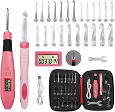 24 Size Light Up Crochet Hook Set with Row & Stitch Medium, Pink & Red 