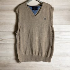 Tommy Hilfiger Vintage 90s Mens Large Tan Beige Cotton Knit V-Neck Sweater Vest