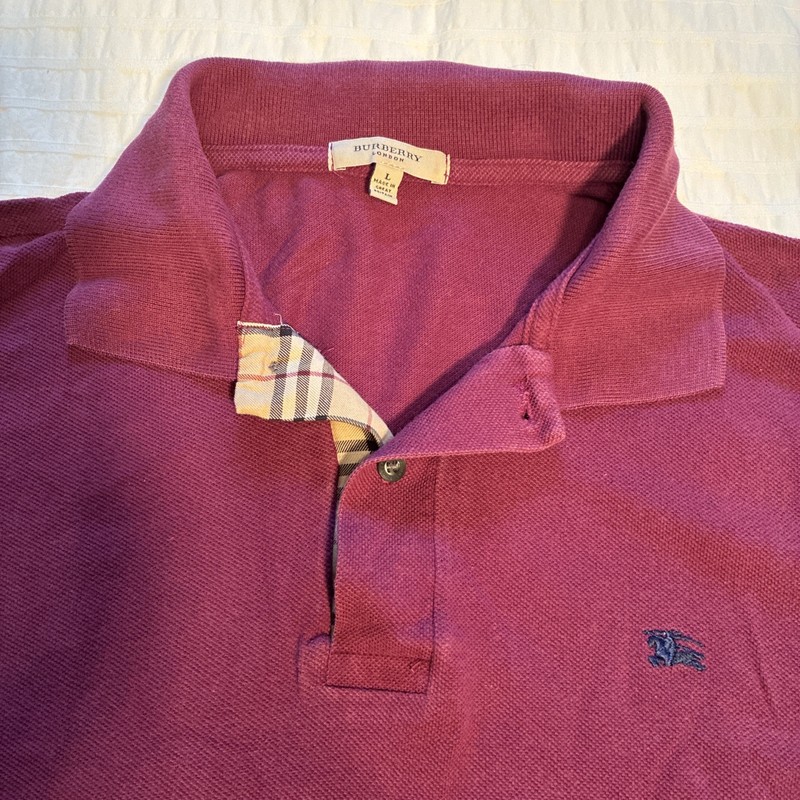 Vintage Burberry Men's Polo Shirt - Maroon - size L - made in Great Britain