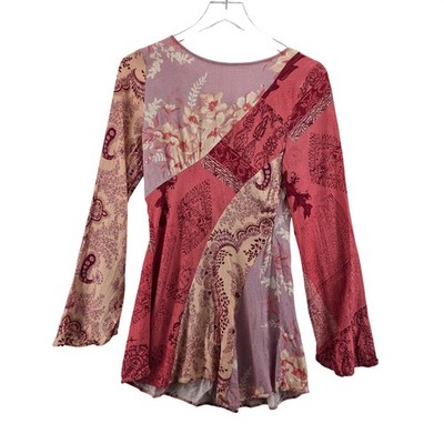 Free People Patchwork Paisley Floral Tunic Mini Dress Pink Boho Open Back Small