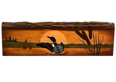 1994 Stenman Studios Art Live Edge Woodburning Low-Relief Carving Loon Over Lake