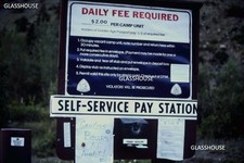 NATIONAL FOREST SELF PAY STATION SIGN WITH CAUTION BEARS, 1960 PHOTO SLIDE