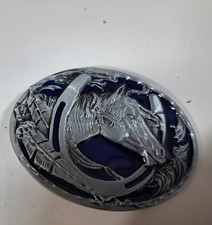 VINTAGE EQUESTRIAN HORSE HEAD, HORSESHOE BELT BUCKLE, ABALONE  SILVER