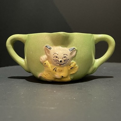 Double Handled Pitcher Creamer Small Mark 432 Japan Green Kitty Cat Yellow Gift