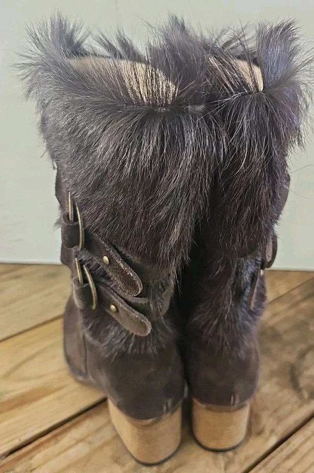 Bearpaw Brown Suede & Goat Fur Madeline Boots Size 5 Small Heel Strappy VGC 🔥 - Image 3 of 4