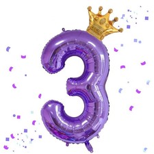 40 Inch Purple Number 3  Mini Crown Balloon for Party Decorations, 3rd Party...