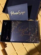 Black and Gold Wedding Guest Book and Pen Set with 'Please Sign' Card