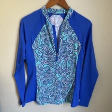 Coolibar Womens Rash Guard Top UPF 50 Water  Blue Paisley 1/4 Zip Pullover M