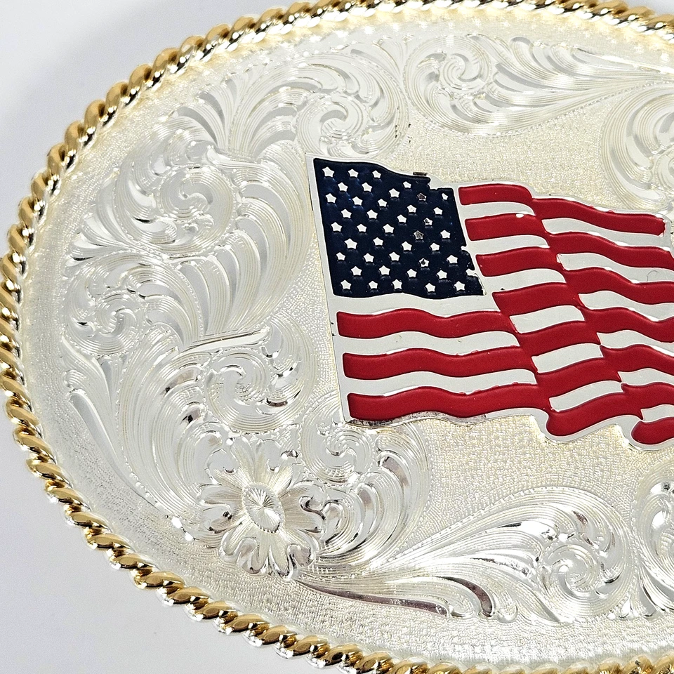 Montana Silversmiths USA Flag Belt Buckle Silver Plated 3.625” x 2.625” Western - Image 2 of 4