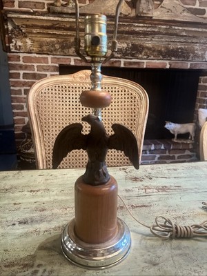 Vintage American Federal Eagle Figural Statue Lamp Metal and Hardwood 24  Works