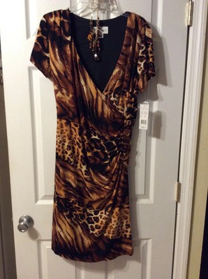 Ronnie Nicole Dress Womens 14 Tiger Leopard Animal Print Ruched NWT w Jewelry
