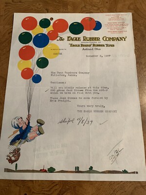 1937 Eagle Rubber Co Letterhead Ashland Ohio Eagle Brand Rubber Toys Balloons