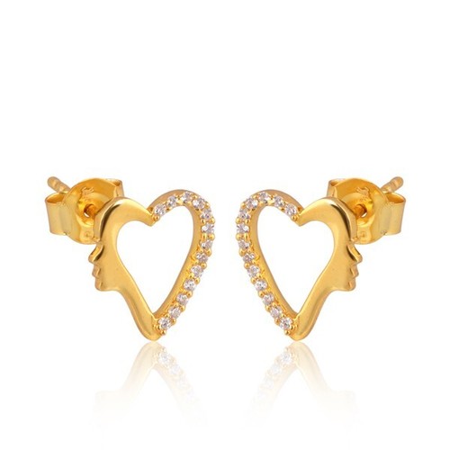 14k Gold Picasso Face Heart Earrings With Diamonds Women's Dainty Stud Earrings - Picture 2 of 3